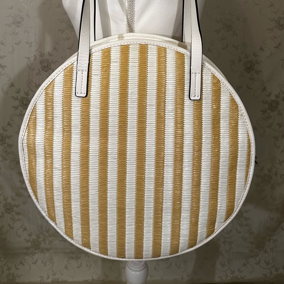 Nine West Round Tote Bag – Beige White Striped Circle Purse with Tassel - Picture 5 of 5